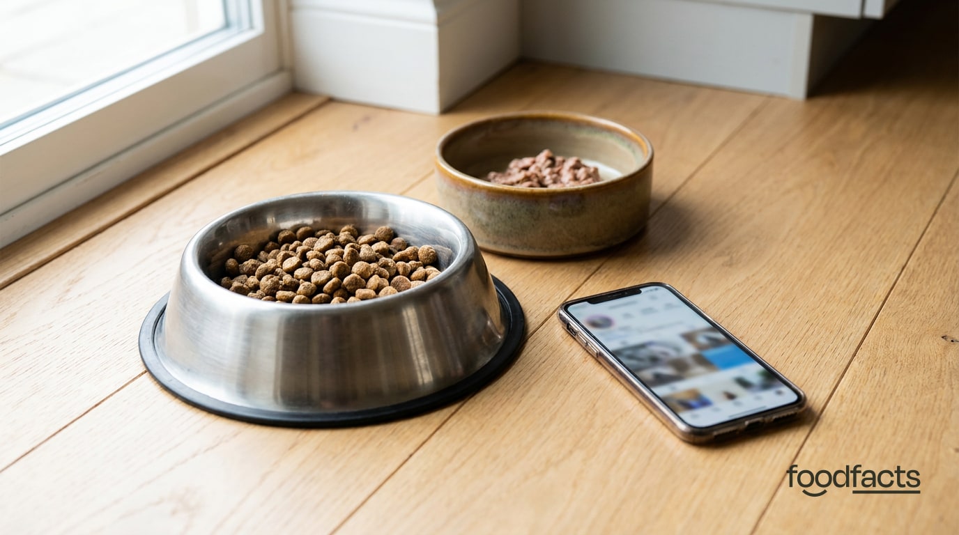 A dog bowl and a cat bowl of pet food beside a smartphone on a kitchen floor