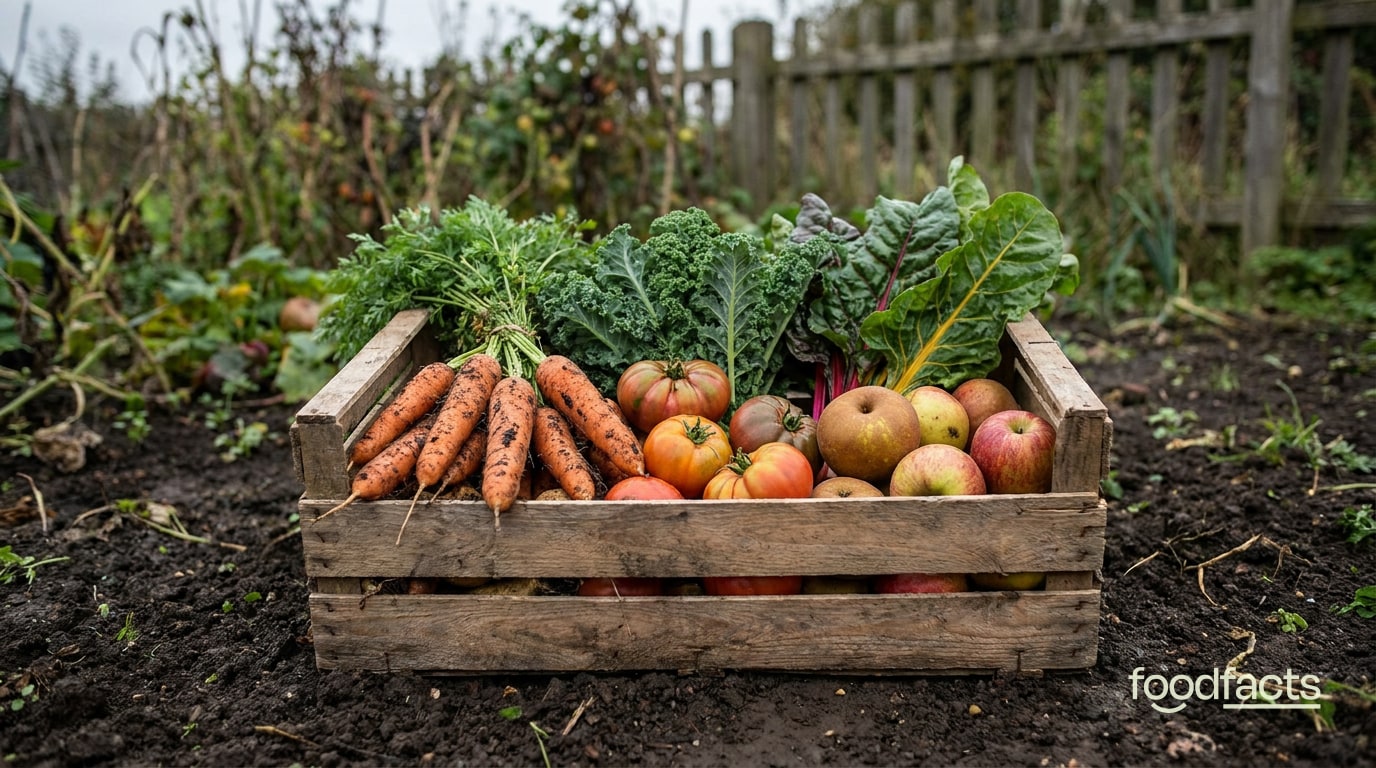 A wooden crate of freshly harvested vegetables and fruit resting on garden soil
