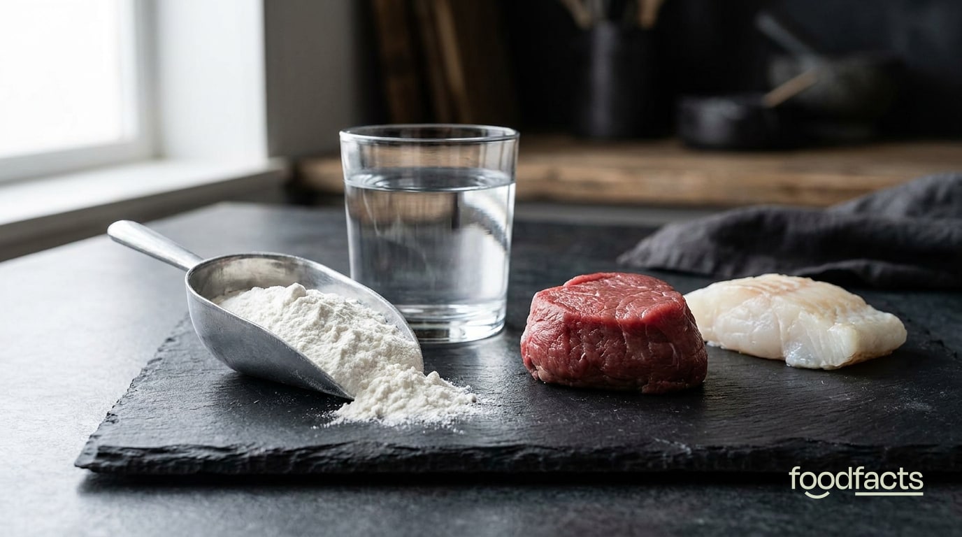 A scoop of white creatine powder beside a glass of water and cuts of meat and fish on a dark surface