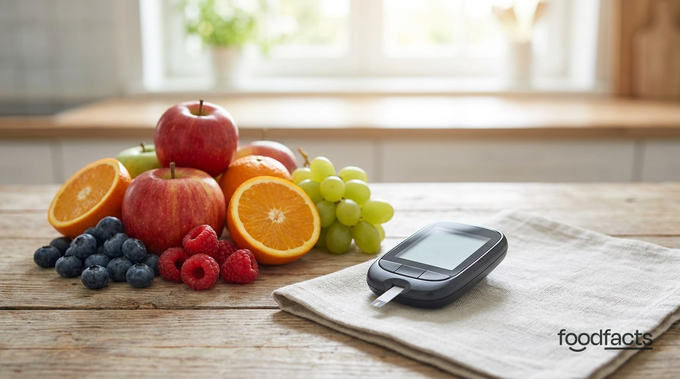Colourful fresh whole fruit beside a blood glucose monitor on a light table
