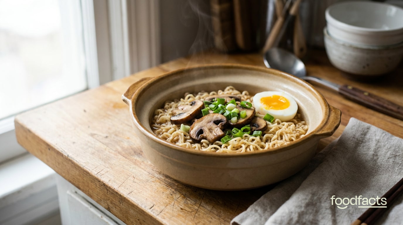 A pot of instant noodles with sliced mushrooms on a kitchen counter