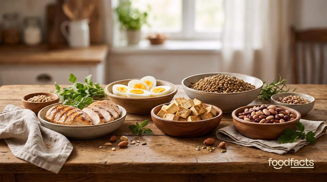 A spread of protein foods including chicken, eggs, tofu, lentils and beans in bowls