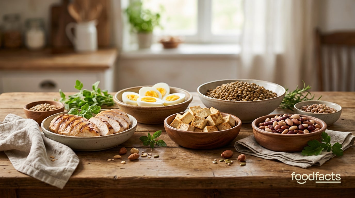 A spread of protein foods including chicken, eggs, tofu, lentils and beans in bowls