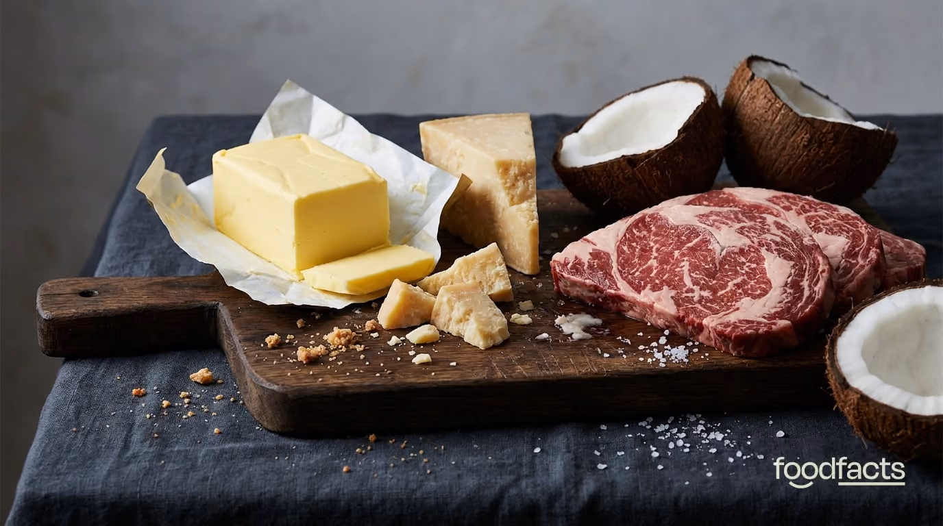 Saturated fat foods including butter, cheese and red meat on a wooden board