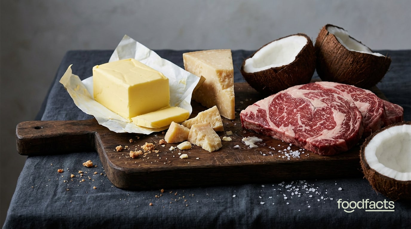 Saturated fat foods including butter, cheese and red meat on a wooden board