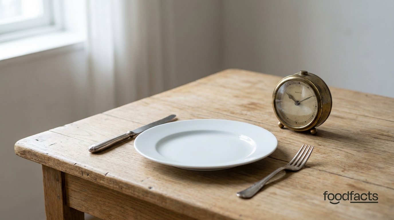 An empty plate with cutlery and a clock on a table representing time-restricted eating