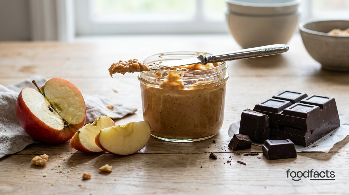 A sliced apple, a jar of peanut butter and a chocolate bar side by side on a table