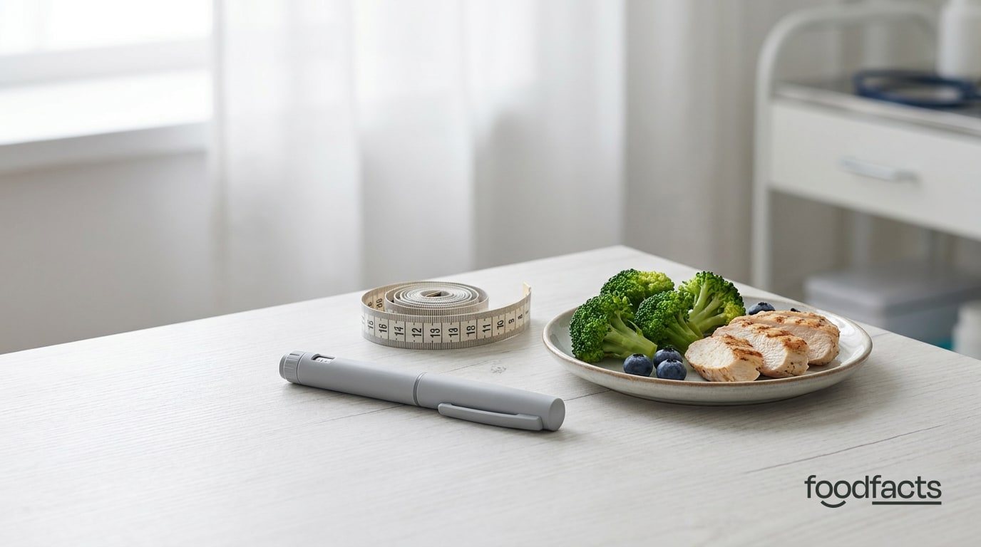 An injection pen and a tape measure beside healthy food on a table