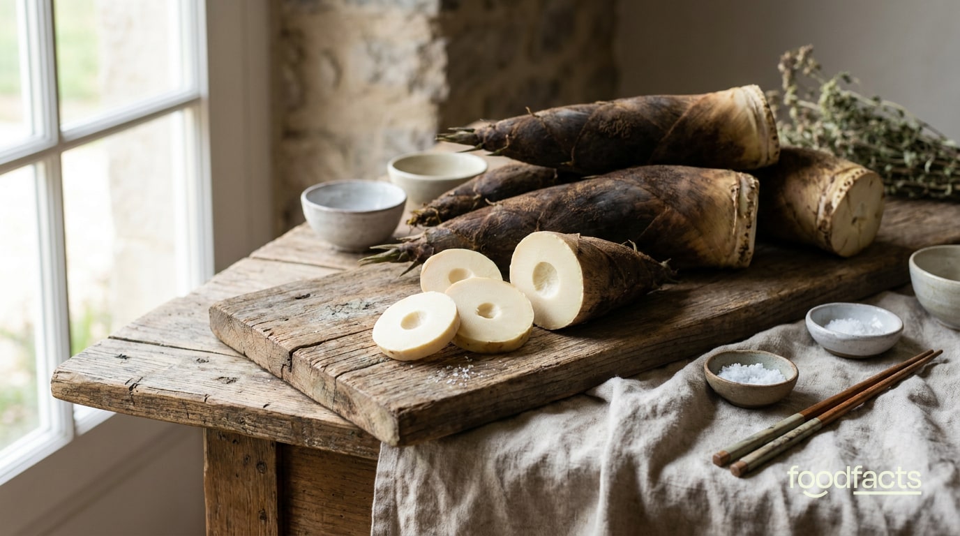 Fresh bamboo shoots, some sliced, on a wooden board with a cloth