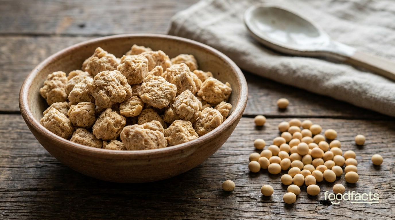Textured soy protein pieces in a bowl beside dry soybeans on a table