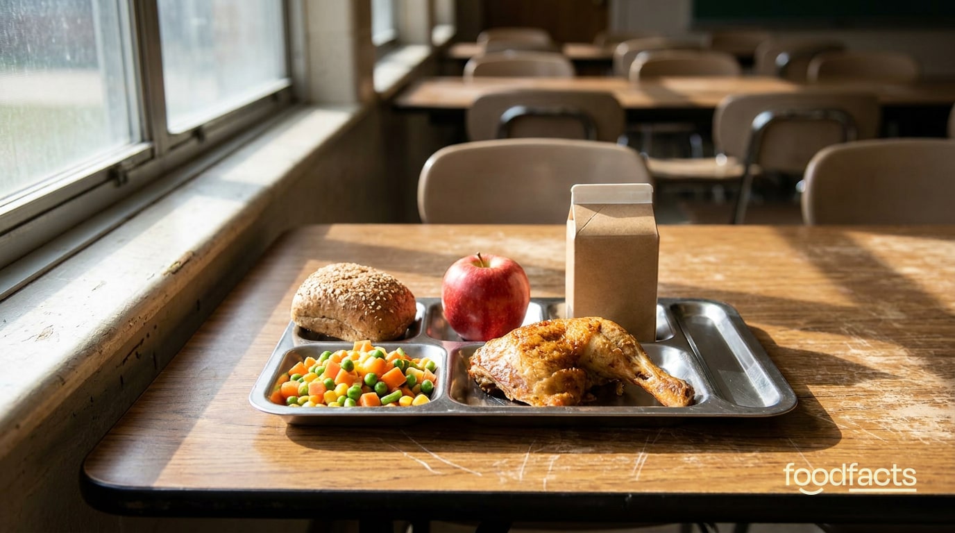 A school lunch tray with a balanced meal of vegetables, protein and fruit