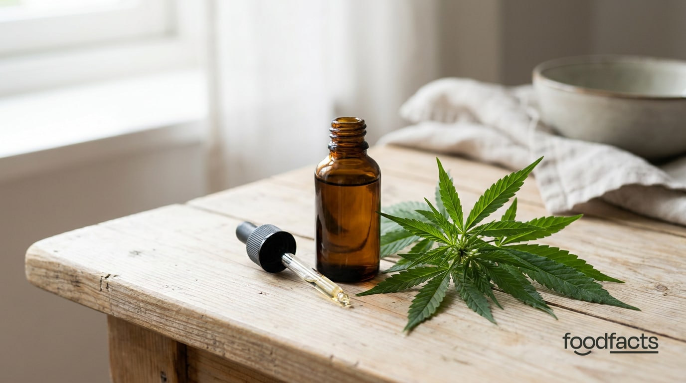 A bottle of CBD oil with a dropper beside fresh hemp leaves on a table