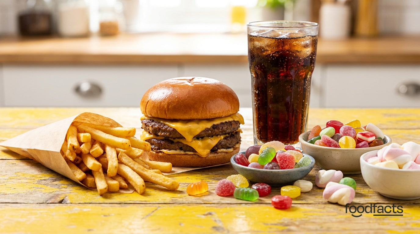 An array of junk food including a burger, fries, sweets and a fizzy drink