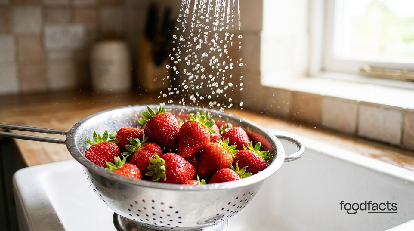 Fresh strawberries being rinsed under running water in a metal colander