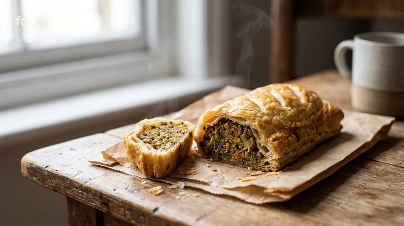 A flaky vegan sausage roll on a paper bag on a table