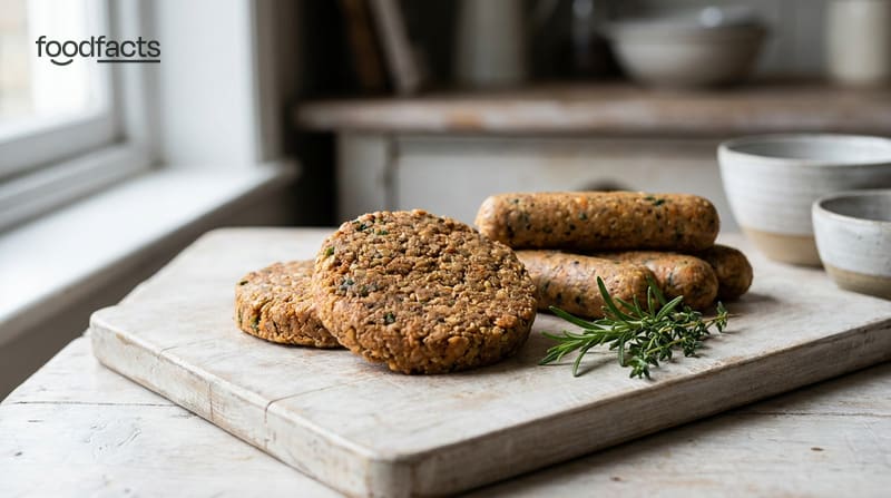 Plant-based burger patties and sausages on a board