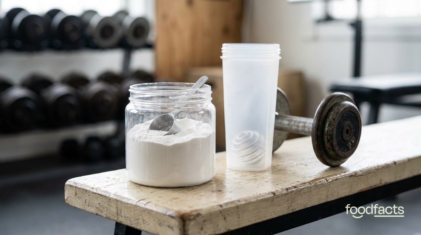 A tub and scoop of creatine powder with a shaker bottle and a dumbbell