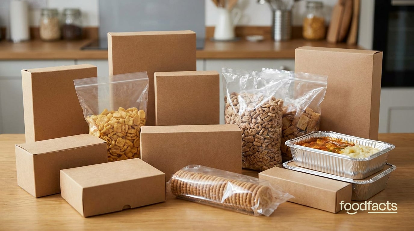 An assortment of packaged ultra-processed snack foods on a table