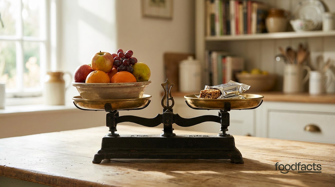 A set of kitchen balance scales weighing fresh fruit against processed food