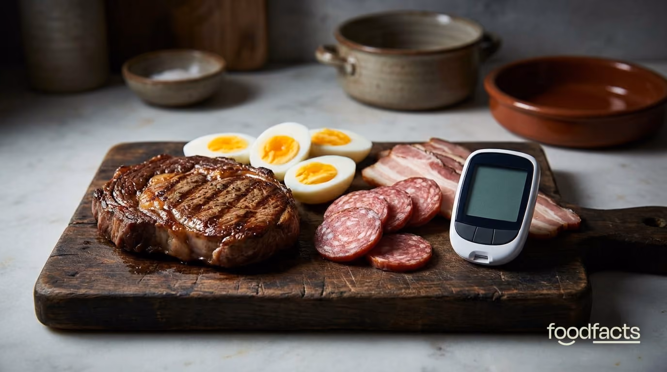 A steak, eggs and animal-based foods beside a blood glucose monitor