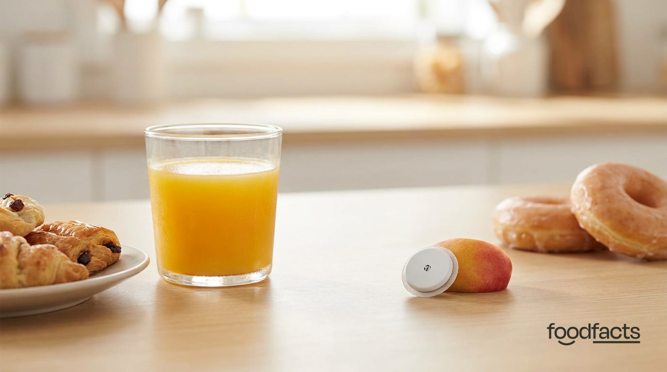 A glass of orange juice and sugary foods beside a continuous glucose monitor sensor