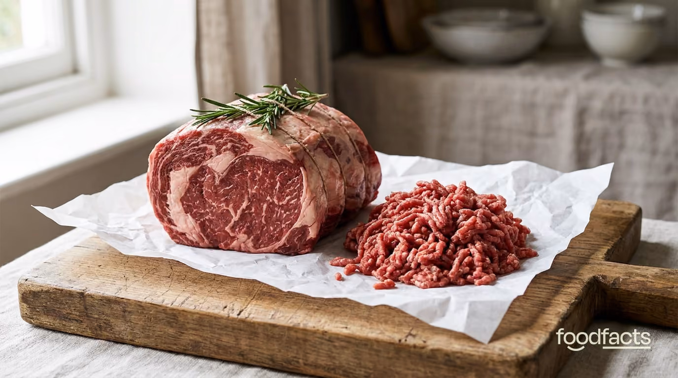 A raw beef roast and mince on butcher paper on a wooden board