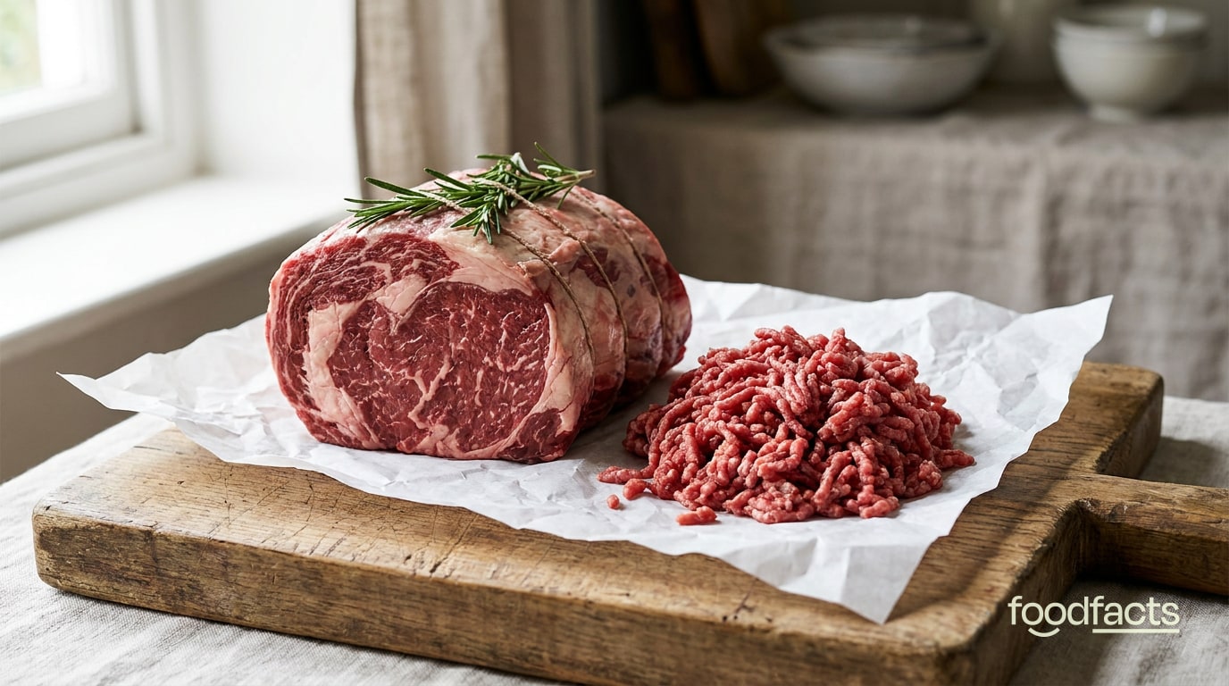 A raw beef roast and mince on butcher paper on a wooden board
