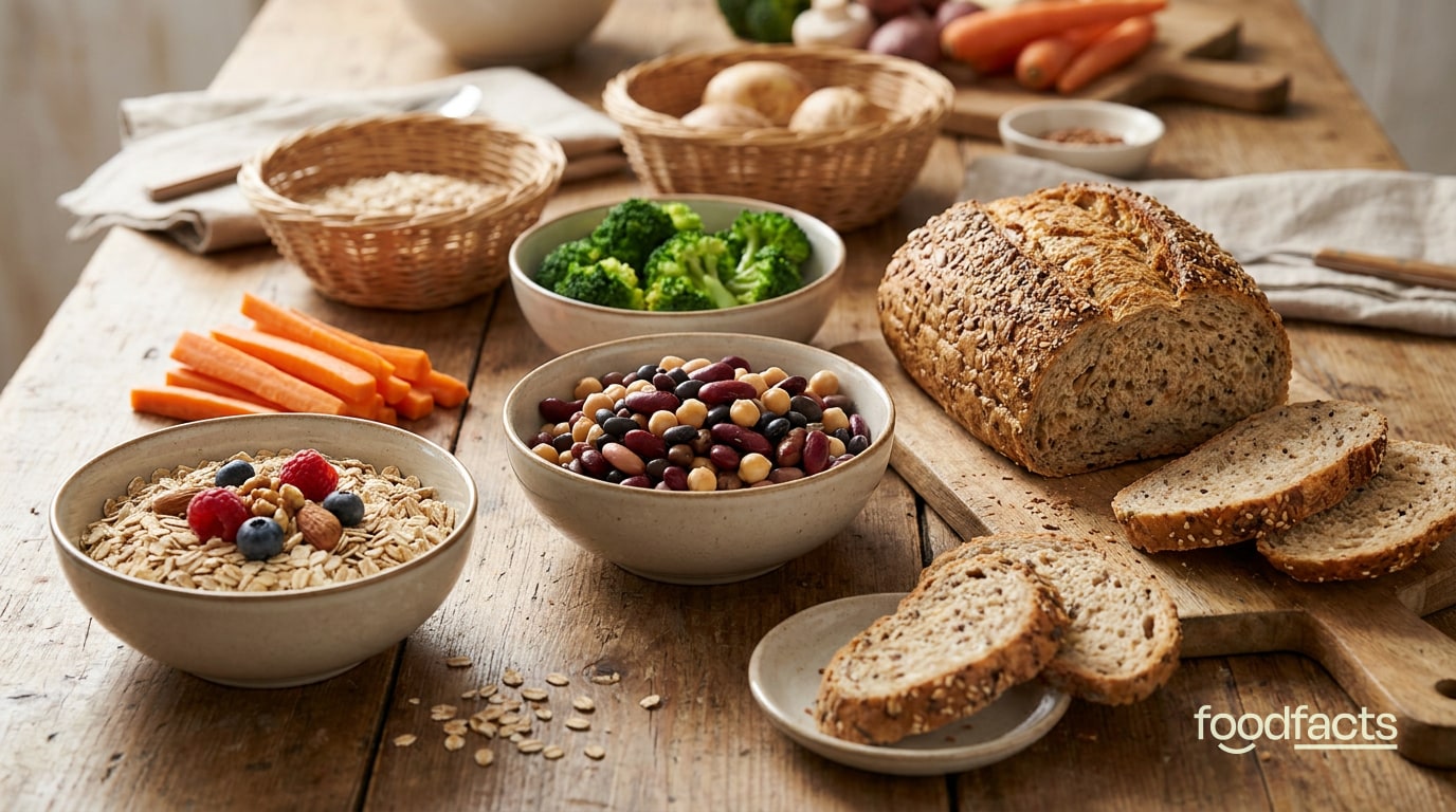 A spread of high-fibre foods including oats, beans, vegetables and wholegrain bread
