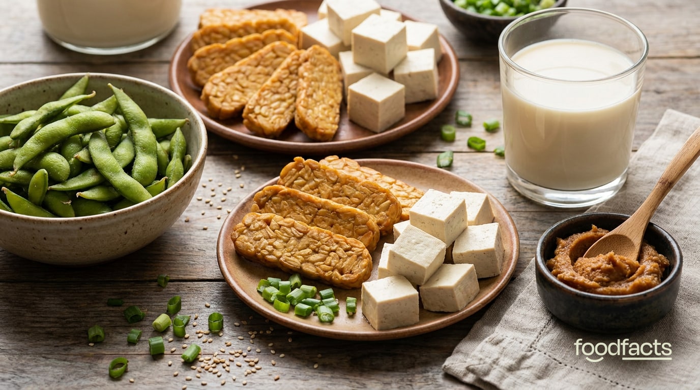 A spread of soy foods including tempeh, tofu, edamame, soy milk and miso