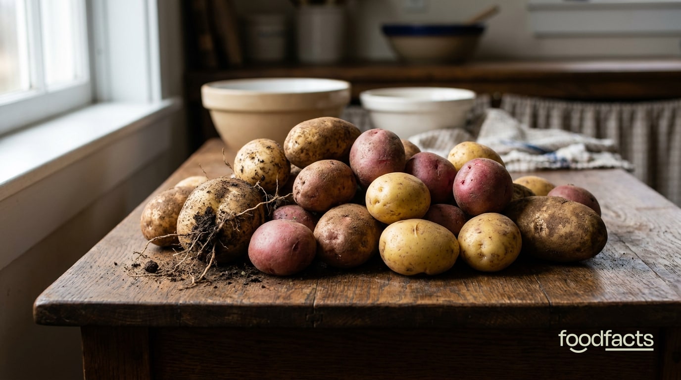 A pile of raw potatoes of different varieties on rustic wood