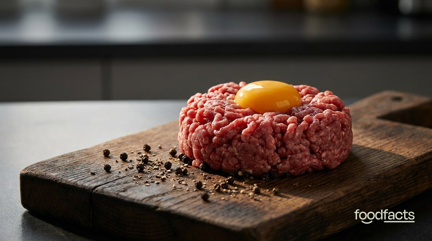 Raw minced beef and a raw egg yolk on a board representing the raw meat trend