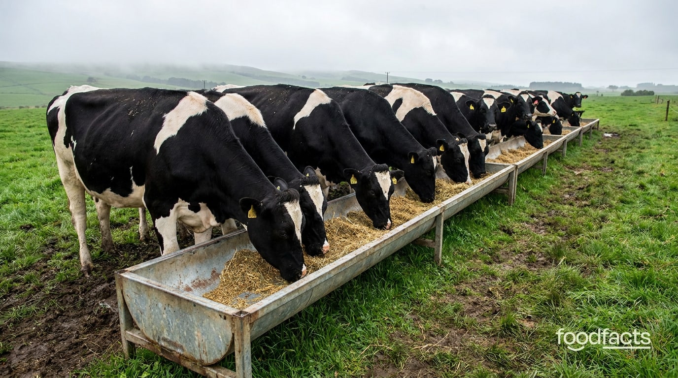 Dairy cattle feeding at a trough in a green field