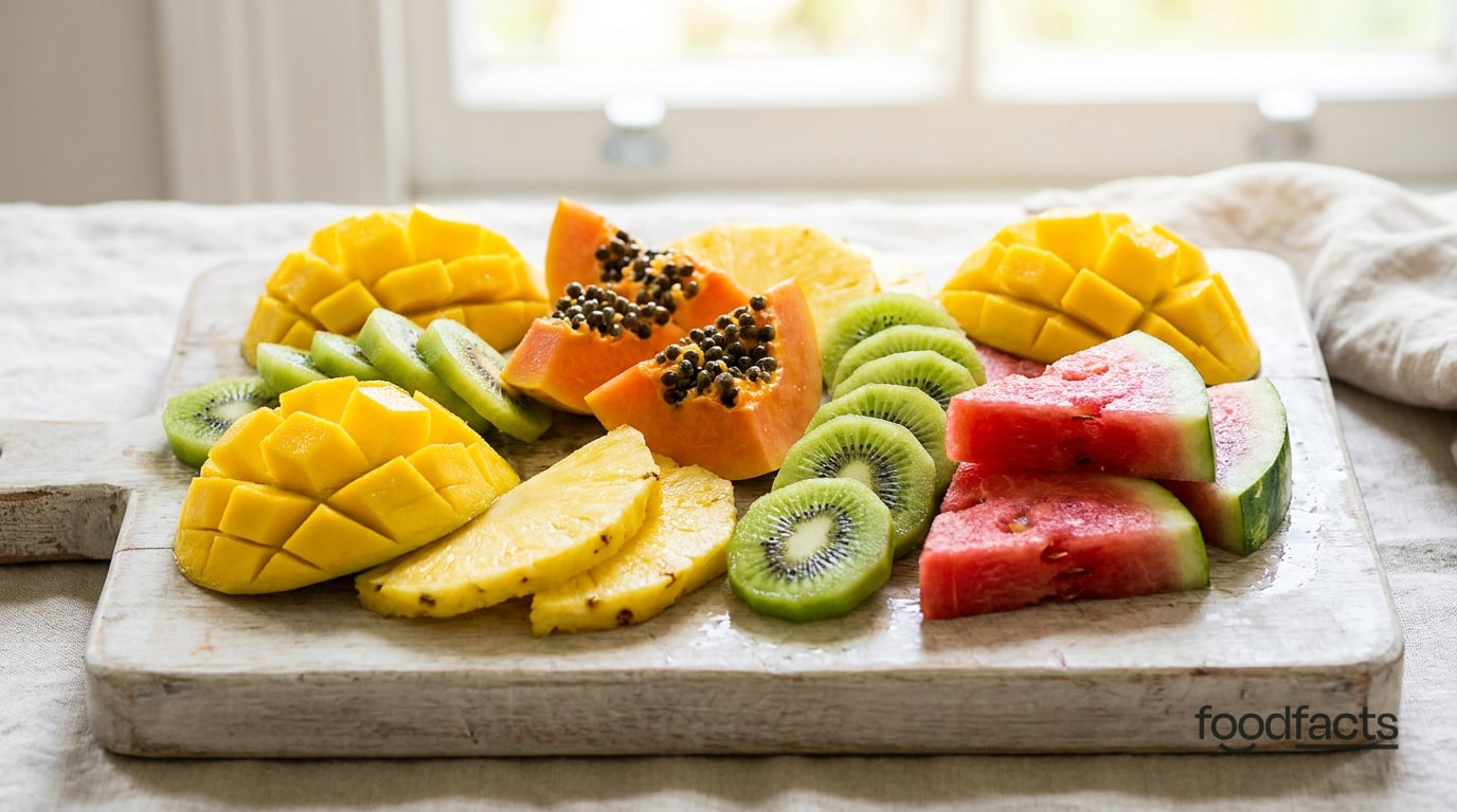 Assorted sliced tropical fruit arranged on a board