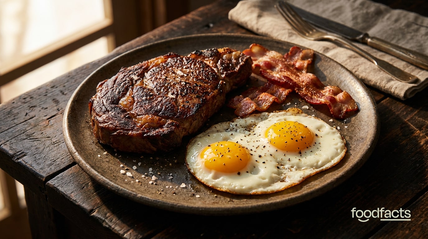A carnivore diet plate of steak, eggs and bacon on a dark surface