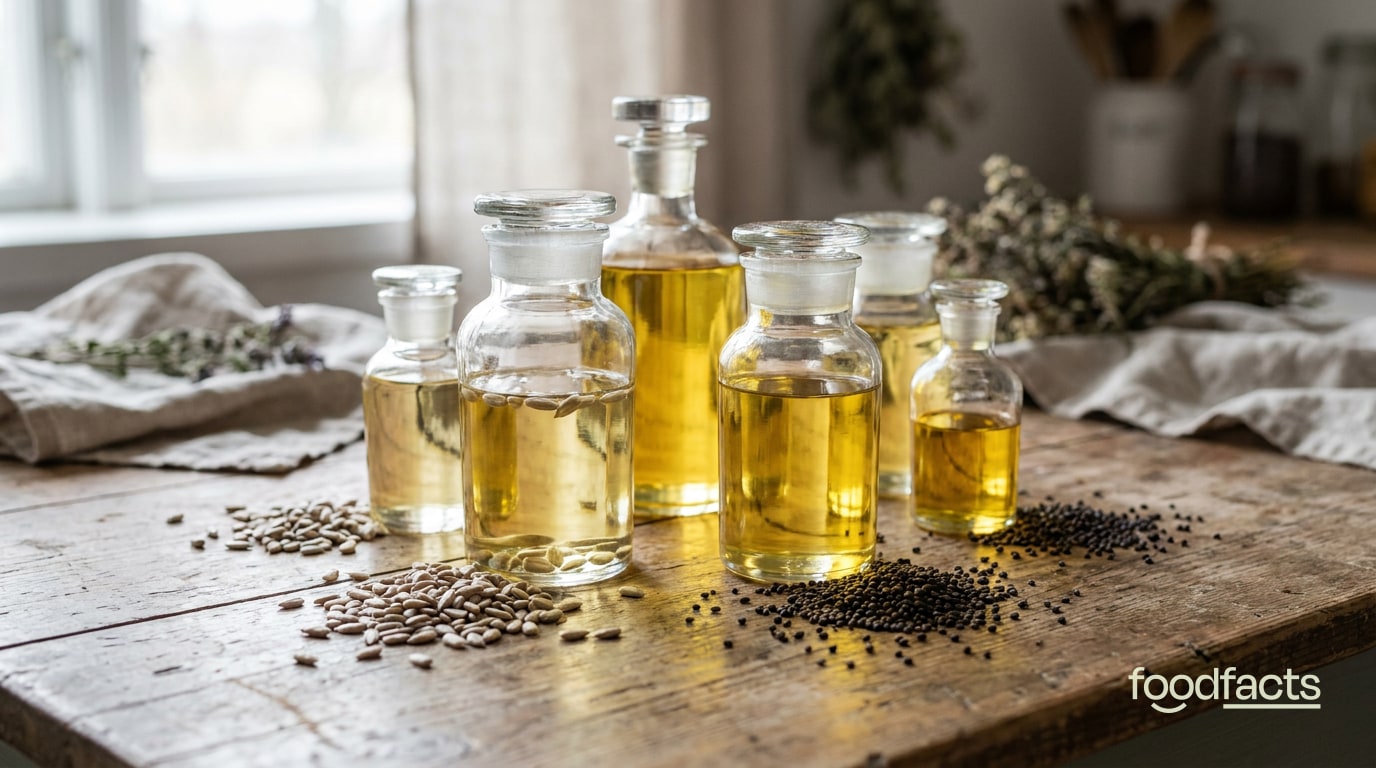 Bottles of seed oils including sunflower and rapeseed with seeds on a table