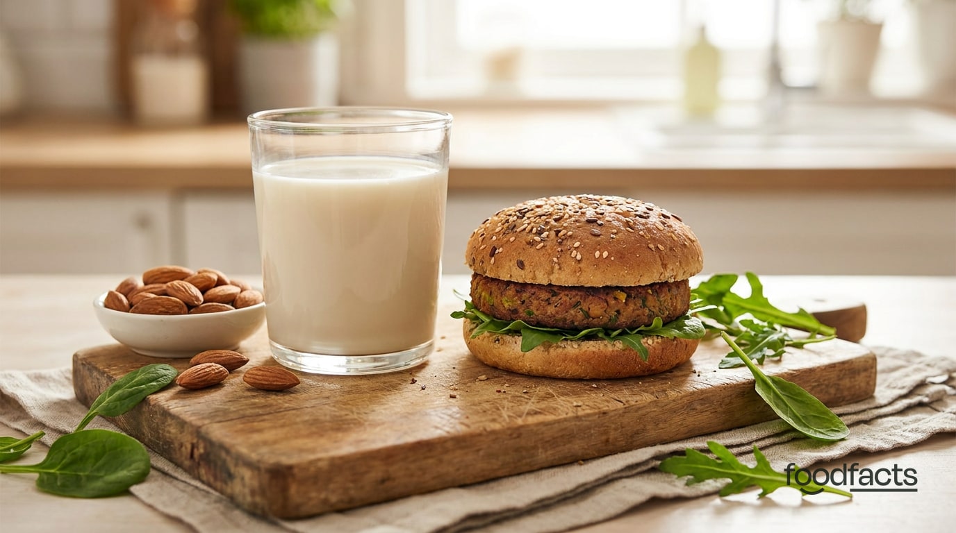A glass of almond milk and a plant-based burger with fresh greenery