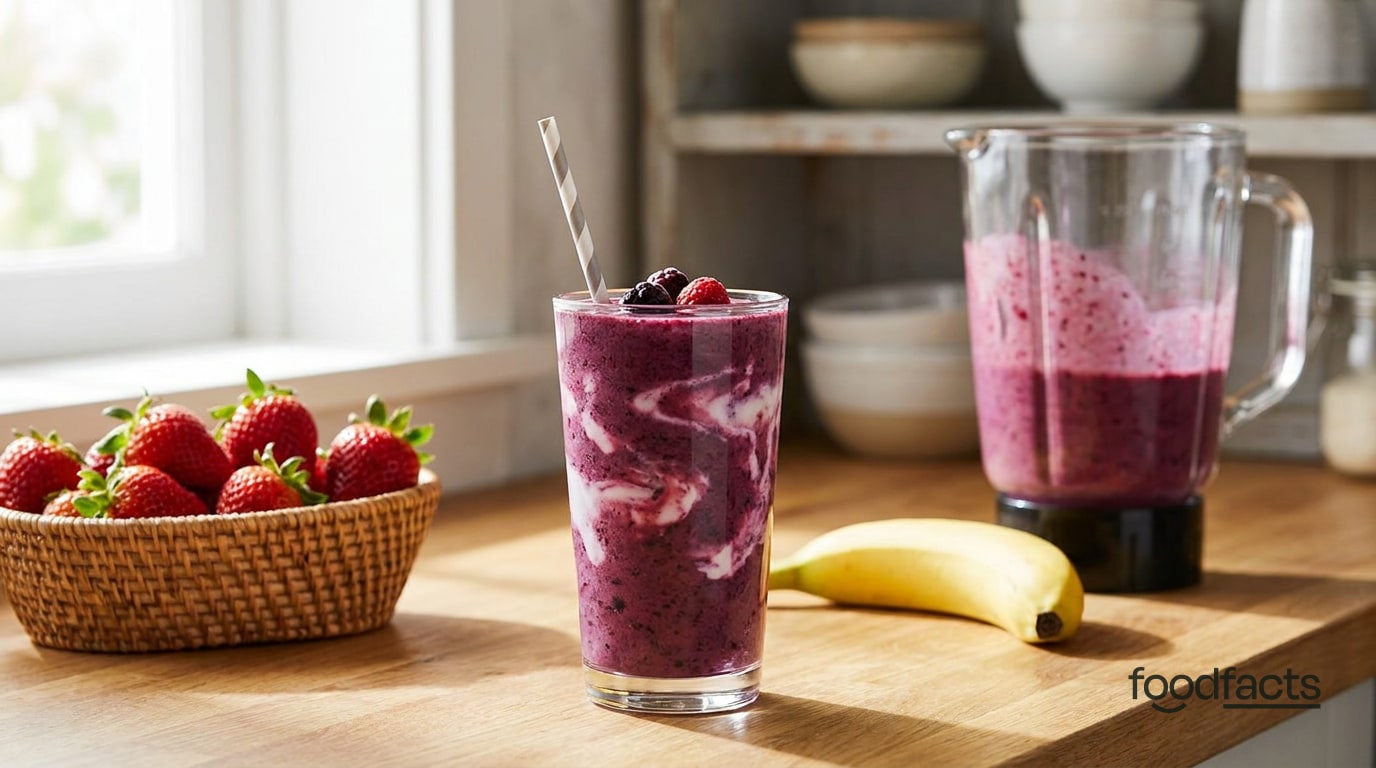 A berry smoothie in a glass beside fresh fruit and a blender
