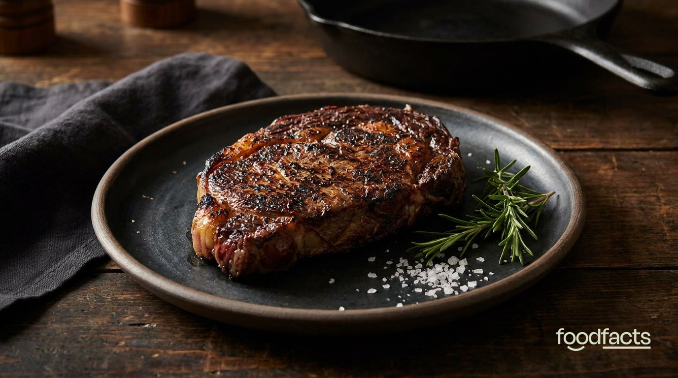 A grilled steak on a plate with rosemary on a dark surface