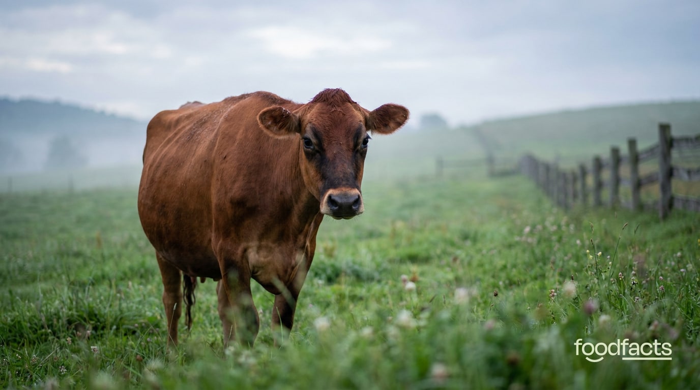 A brown cow standing in a misty green pasture beside a wooden fence, looking gently toward the camera
