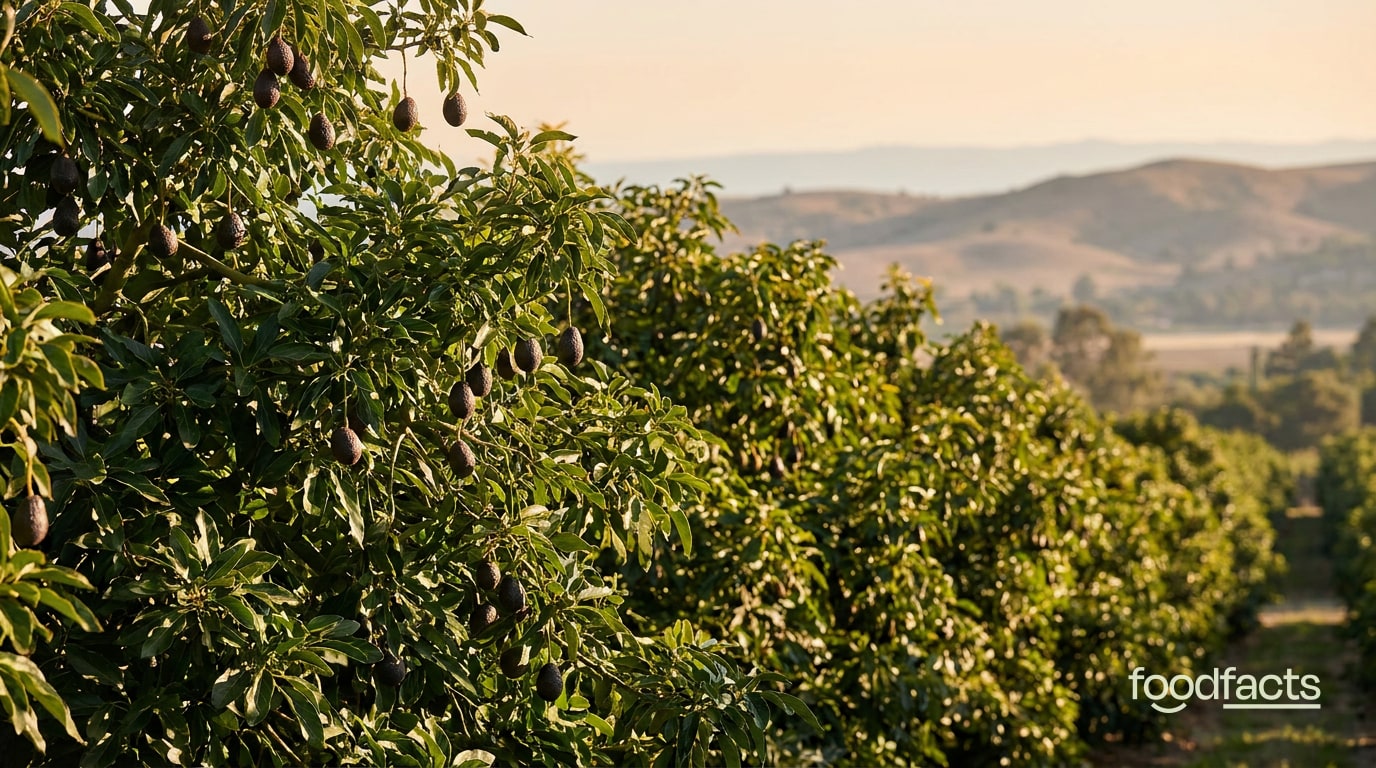 An avocado orchard with rows of avocado trees bearing ripe avocados, with rolling hills behind in golden light
