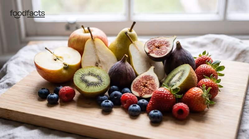 Cross-sections of high-fibre fruits including apple, pear, kiwi and berries on a wooden board