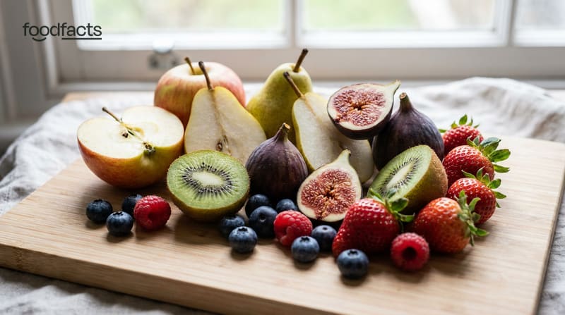 Cross-sections of high-fibre fruits including apple, pear, kiwi and berries on a wooden board