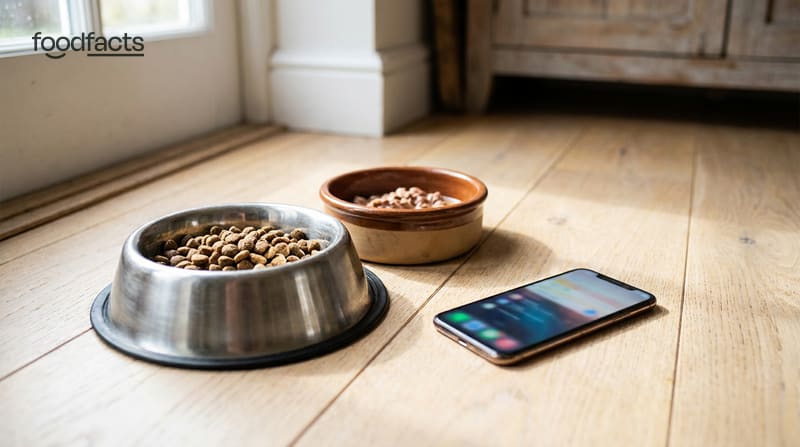 A dog bowl and a cat bowl of pet food beside a smartphone on a kitchen floor