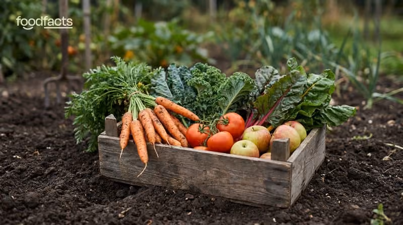 A wooden crate of freshly harvested vegetables and fruit resting on garden soil