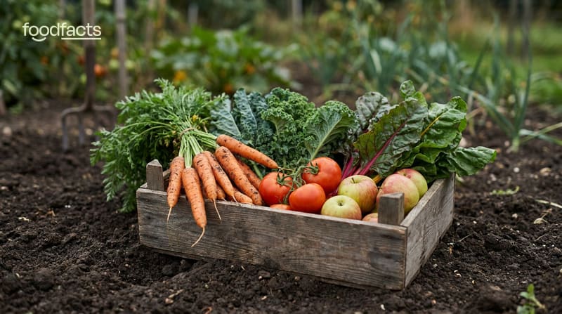 A wooden crate of freshly harvested vegetables and fruit resting on garden soil