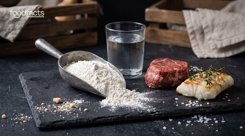 A scoop of white creatine powder beside a glass of water and cuts of meat and fish on a dark surface