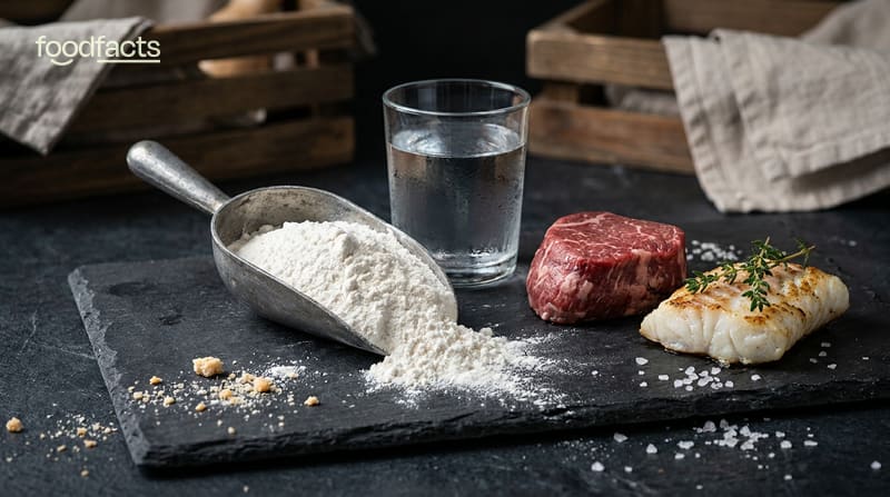 A scoop of white creatine powder beside a glass of water and cuts of meat and fish on a dark surface
