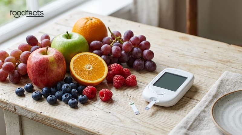 Colourful fresh whole fruit beside a blood glucose monitor on a light table