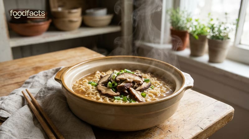 A pot of instant noodles with sliced mushrooms on a kitchen counter