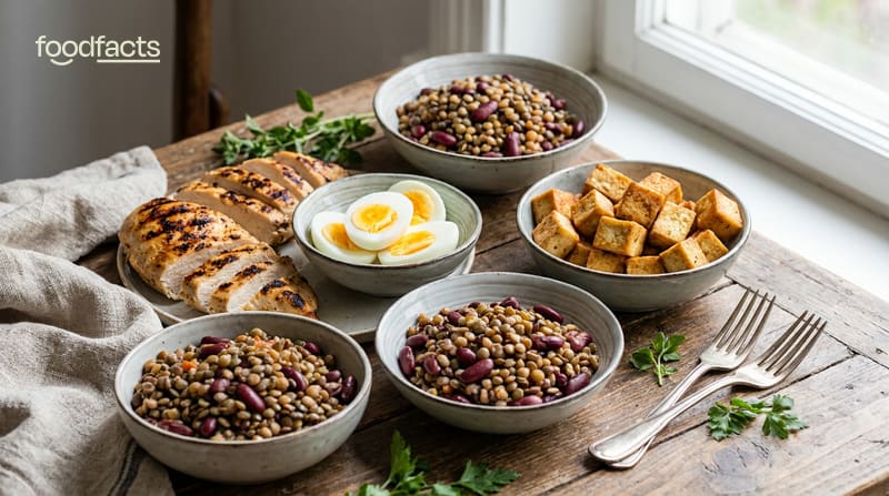 A spread of protein foods including chicken, eggs, tofu, lentils and beans in bowls